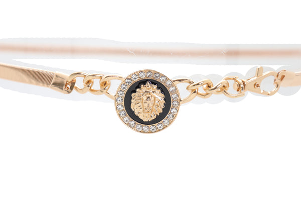 Women Gold Metal Chain Stretch Waistband Belt Hip High Waist Lion Charm Adjustable Strap Size M L