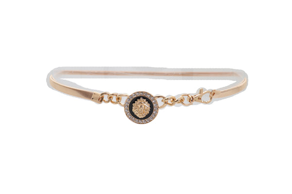 Women Gold Metal Chain Stretch Waistband Belt Hip High Waist Lion Charm Adjustable Strap Size M L