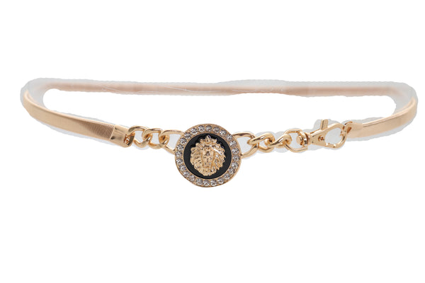 Women Gold Metal Chain Stretch Waistband Belt Hip High Waist Lion Charm Adjustable Strap Size M L