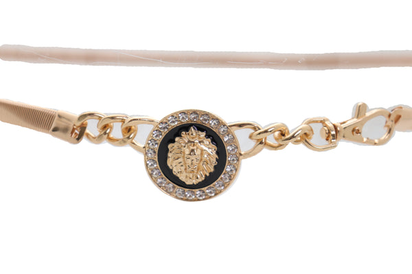 Women Gold Metal Chain Stretch Waistband Belt Hip High Waist Lion Charm Adjustable Strap Size M L