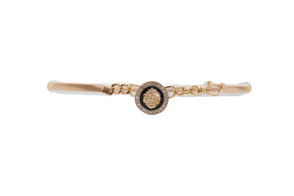 Women Gold Metal Chain Stretch Waistband Belt Hip High Waist Lion Charm Adjustable Strap Size M L