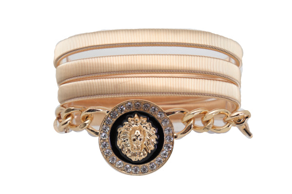 Women Gold Metal Chain Stretch Waistband Belt Hip High Waist Lion Charm Adjustable Strap Size M L