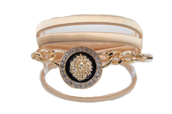 Women Gold Metal Chain Stretch Waistband Belt Hip High Waist Lion Charm Adjustable Strap Size M L