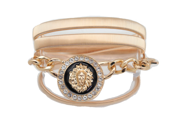 Women Gold Metal Chain Stretch Waistband Belt Hip High Waist Lion Charm Adjustable Strap Size M L