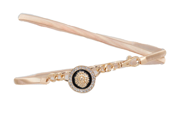 Women Gold Metal Chain Stretch Waistband Belt Hip High Waist Lion Charm Adjustable Strap Size M L