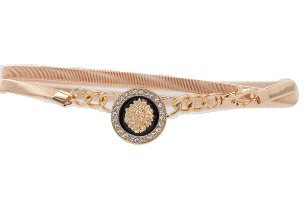 Women Gold Metal Chain Stretch Waistband Belt Hip High Waist Lion Charm Adjustable Strap Size M L
