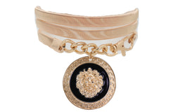 Gold Metal Elastic Waistband Belt with Hanging Lion Medallion Pendant