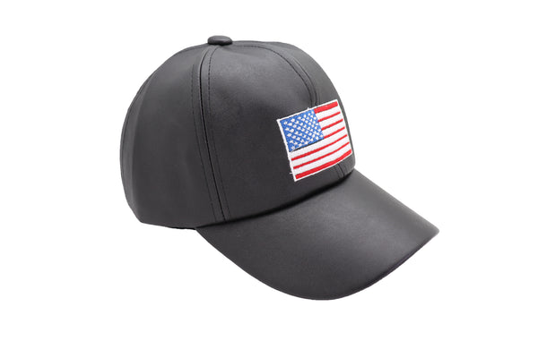 Brand New Women Men Baseball Cap Hat Black Faux Leather Fabric Casual Style Fashion USA Flag
