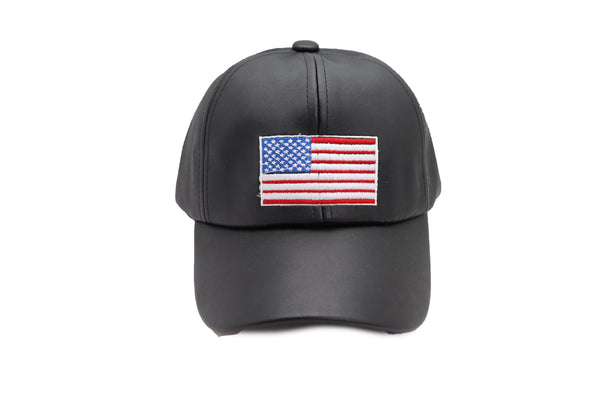 Brand New Women Men Baseball Cap Hat Black Faux Leather Fabric Casual Style Fashion USA Flag