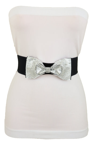 Brand New Women High Waist Hip Silver Bling Bow Tie Buckle Belt Black Elastic Band S M