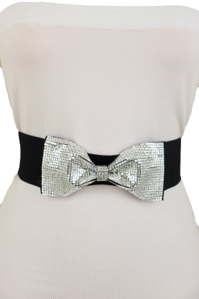 Brand New Women High Waist Hip Silver Bling Bow Tie Buckle Belt Black Elastic Band S M