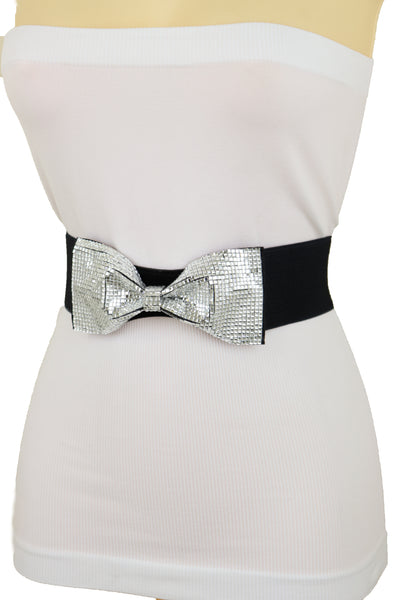 Brand New Women High Waist Hip Silver Bling Bow Tie Buckle Belt Black Elastic Band S M