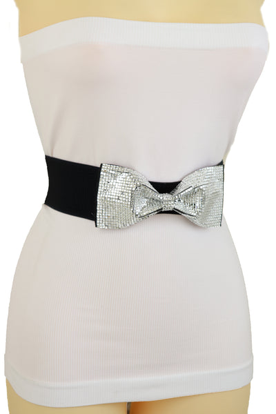 Brand New Women High Waist Hip Silver Bling Bow Tie Buckle Belt Black Elastic Band S M