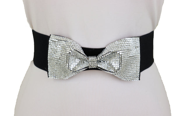 Brand New Women High Waist Hip Silver Bling Bow Tie Buckle Belt Black Elastic Band S M
