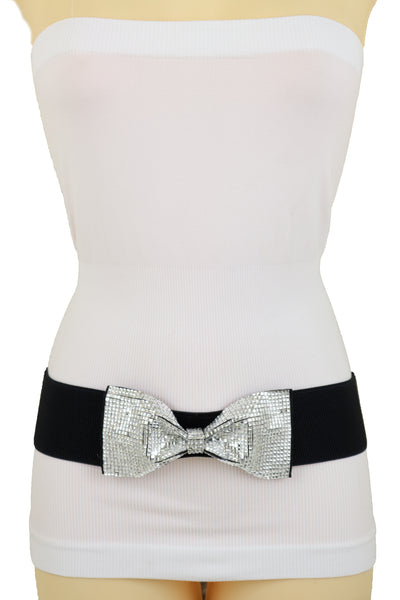 Women High Waist Hip Silver Bling Bow Tie Buckle Belt Black Elastic Band Dressy Fancy Style S M