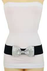 Women High Waist Hip Silver Bling Bow Tie Buckle Belt Black Elastic Band Dressy Fancy Style S M