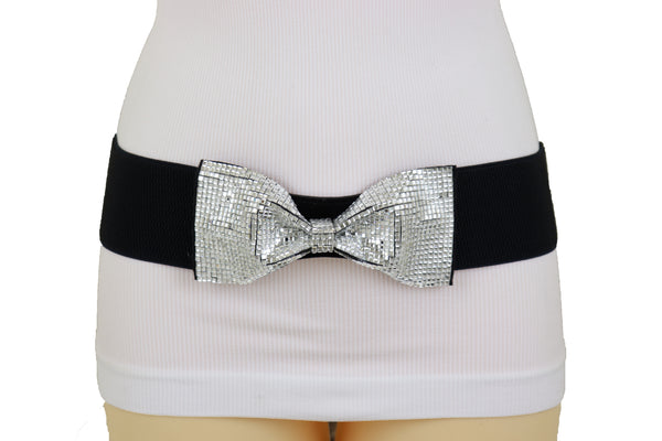 Brand New Women High Waist Hip Silver Bling Bow Tie Buckle Belt Black Elastic Band S M