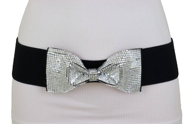 Brand New Women High Waist Hip Silver Bling Bow Tie Buckle Belt Black Elastic Band S M
