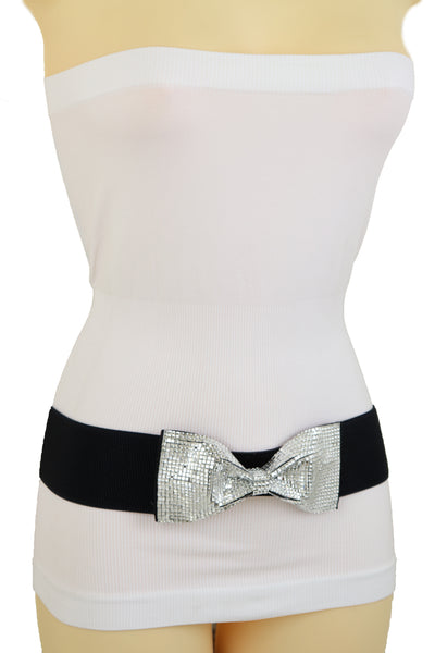Brand New Women High Waist Hip Silver Bling Bow Tie Buckle Belt Black Elastic Band S M