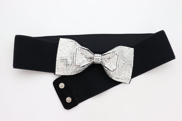 Brand New Women High Waist Hip Silver Bling Bow Tie Buckle Belt Black Elastic Band S M