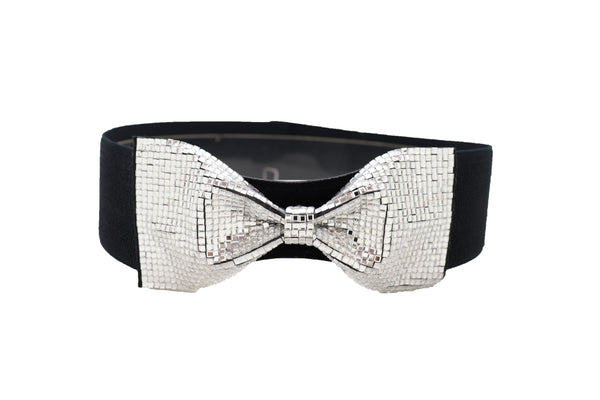 Brand New Women High Waist Hip Silver Bling Bow Tie Buckle Belt Black Elastic Band S M