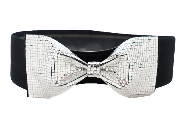 Brand New Women High Waist Hip Silver Bling Bow Tie Buckle Belt Black Elastic Band S M