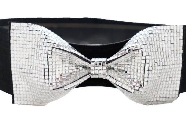 Women High Waist Hip Silver Bling Bow Tie Buckle Belt Black Elastic Band Dressy Fancy Style S M
