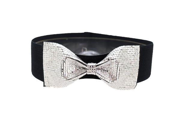 Brand New Women High Waist Hip Silver Bling Bow Tie Buckle Belt Black Elastic Band S M