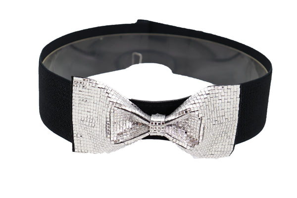 Brand New Women High Waist Hip Silver Bling Bow Tie Buckle Belt Black Elastic Band S M