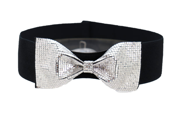 Brand New Women High Waist Hip Silver Bling Bow Tie Buckle Belt Black Elastic Band S M