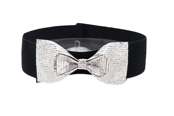 Brand New Women High Waist Hip Silver Bling Bow Tie Buckle Belt Black Elastic Band S M