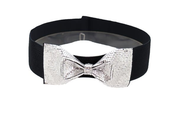 Brand New Women High Waist Hip Silver Bling Bow Tie Buckle Belt Black Elastic Band S M