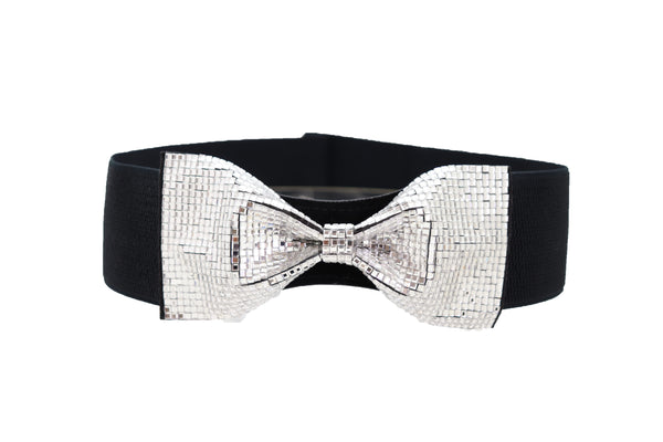 Brand New Women High Waist Hip Silver Bling Bow Tie Buckle Belt Black Elastic Band S M