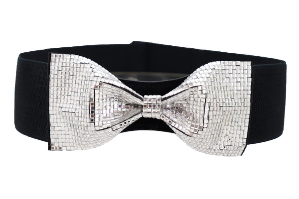 Brand New Women High Waist Hip Silver Bling Bow Tie Buckle Belt Black Elastic Band S M