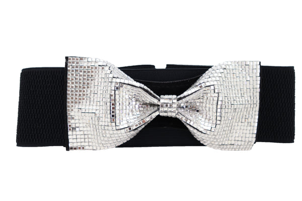 Brand New Women High Waist Hip Silver Bling Bow Tie Buckle Belt Black Elastic Band S M