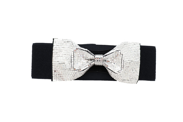 Brand New Women High Waist Hip Silver Bling Bow Tie Buckle Belt Black Elastic Band S M
