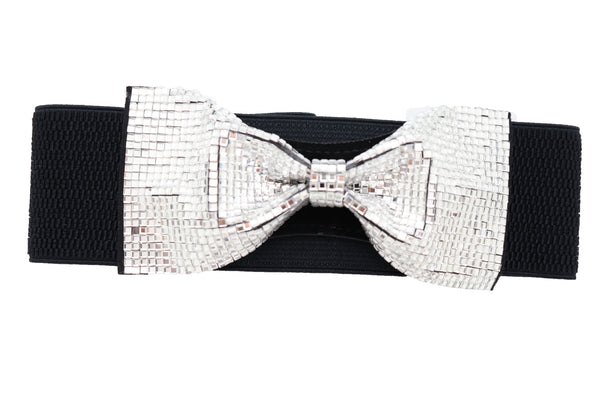 Brand New Women High Waist Hip Silver Bling Bow Tie Buckle Belt Black Elastic Band S M