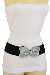 Women Evening Fashion Belt Black Elastic Waistband Bow Tie Bling Buckle Fits Sizes S M L