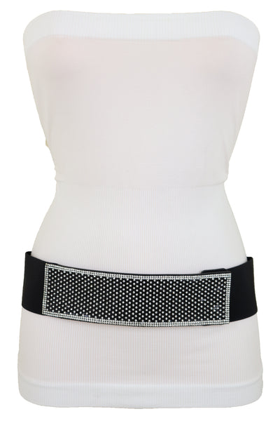 Women Elegant Fashion Belt Black Elastic Waistband Bling Long Plate Buckle Fits Sizes S M