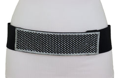 Elegant Fashion Belt Black Elastic Waistband Bling Long Plate Buckle S M