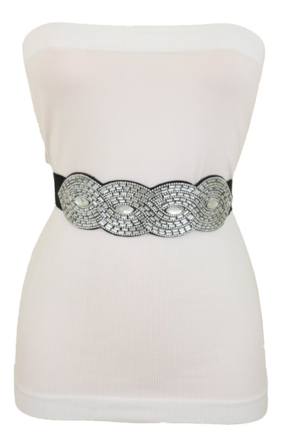 Brand New Women Trendy Black Elastic Belt High Waist Hip Bling Oval Waves Buckle Size S M