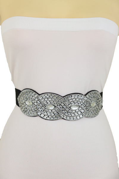 Brand New Women Trendy Black Elastic Belt High Waist Hip Bling Oval Waves Buckle Size S M