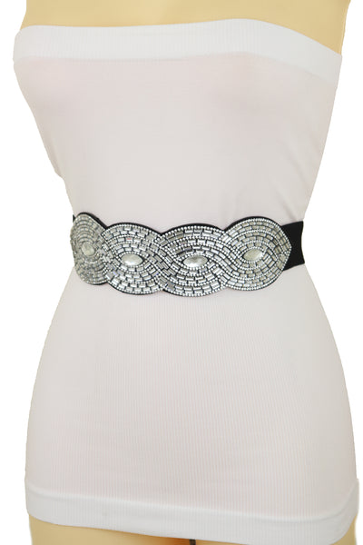 Brand New Women Trendy Black Elastic Belt High Waist Hip Bling Oval Waves Buckle Size S M