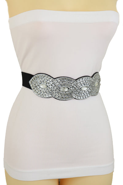 Brand New Women Trendy Black Elastic Belt High Waist Hip Bling Oval Waves Buckle Size S M