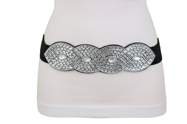 Brand New Women Trendy Black Elastic Belt High Waist Hip Bling Oval Waves Buckle Size S M