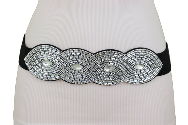 Brand New Women Trendy Black Elastic Belt High Waist Hip Bling Oval Waves Buckle Size S M