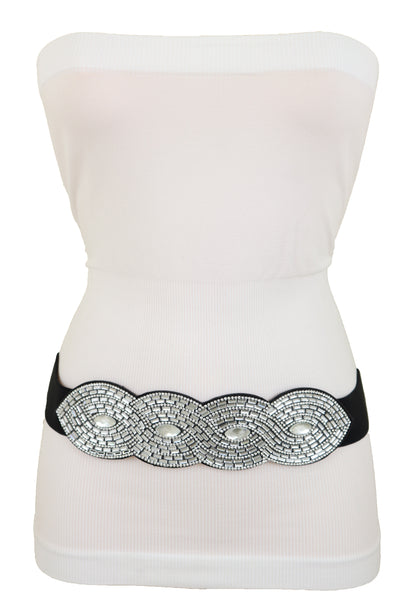 Brand New Women Trendy Black Elastic Belt High Waist Hip Bling Oval Waves Buckle Size S M