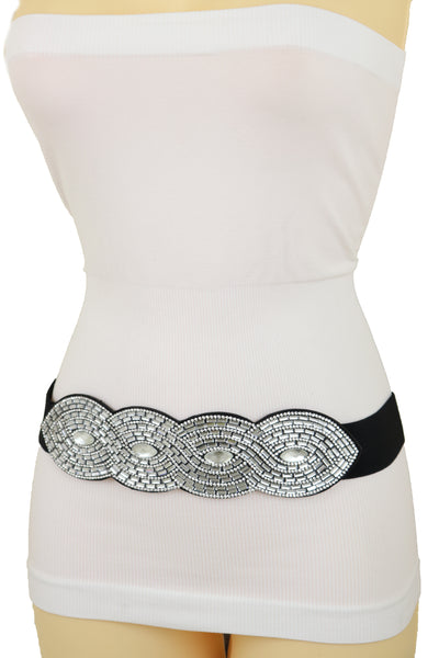 Brand New Women Trendy Black Elastic Belt High Waist Hip Bling Oval Waves Buckle Size S M