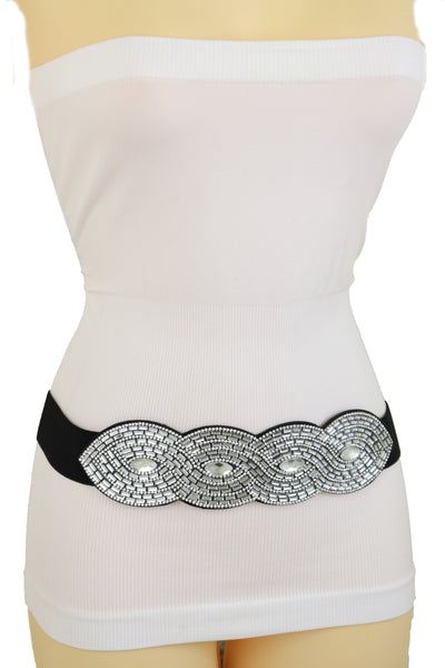 Brand New Women Trendy Black Elastic Belt High Waist Hip Bling Oval Waves Buckle Size S M