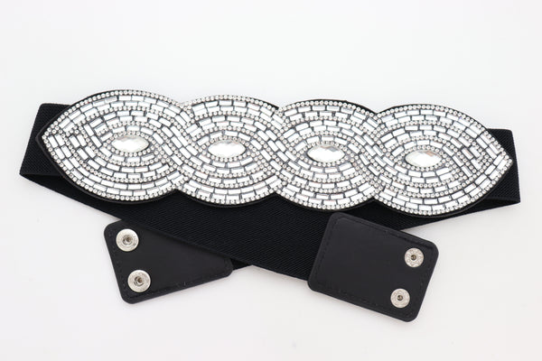 Brand New Women Trendy Black Elastic Belt High Waist Hip Bling Oval Waves Buckle Size S M